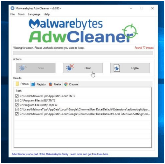 malwarebytes adwcleaner scan progress