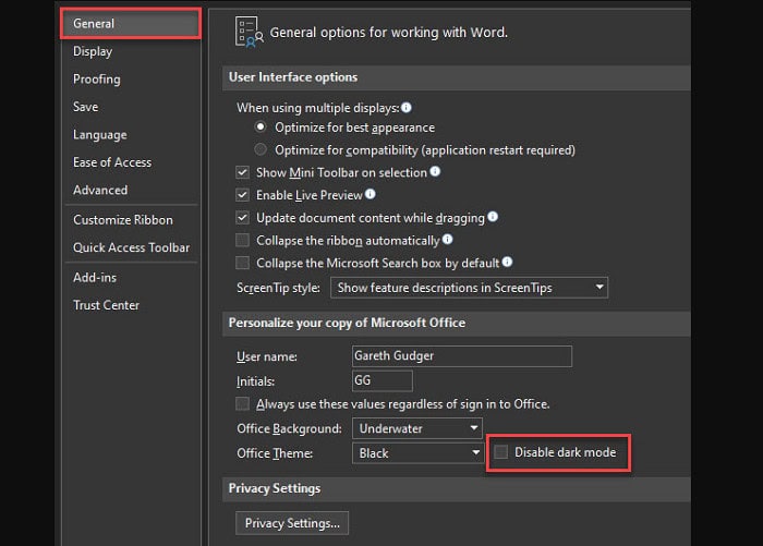 how to enable microsorft word dark mode