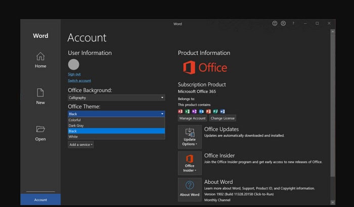how to enable microsoft word dark mode